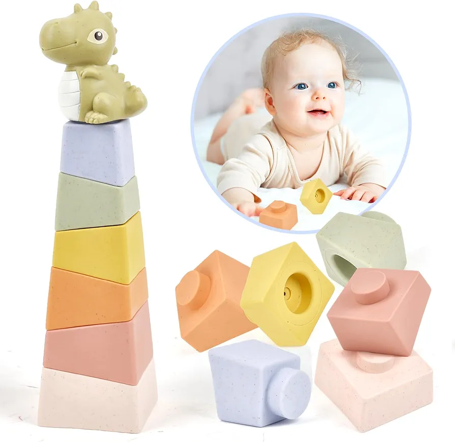 Stacking & Nesting Baby Toys: Squeeze Teething Baby Toys and Building Blocks with Dinosaur Figure - Newborn Essentials for 6 12 18 Months Baby Toddler Boys 7 Pcs