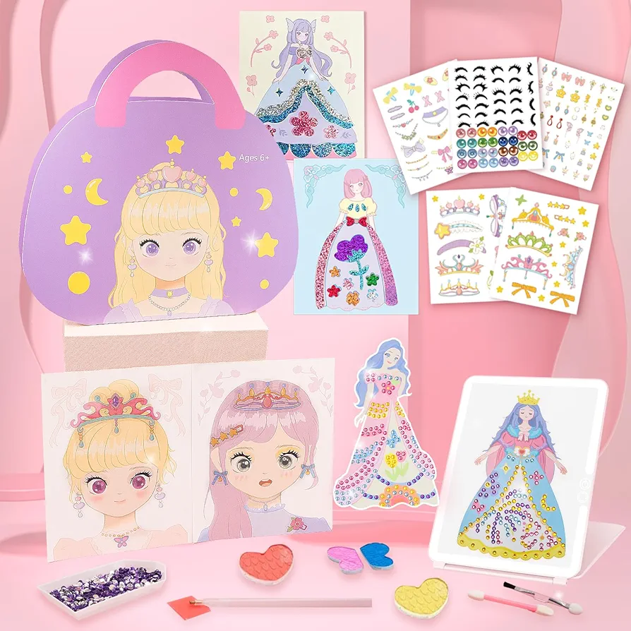 4 in 1 Arts and Crafts for Kids Ages 8-12 - Foil Art & Diamond Art Kits for Kids & Make-up Play on Paper & Princess Dress-up Stickers, Birthday Party Gift for 4-6 6-8 Kids (Purple)