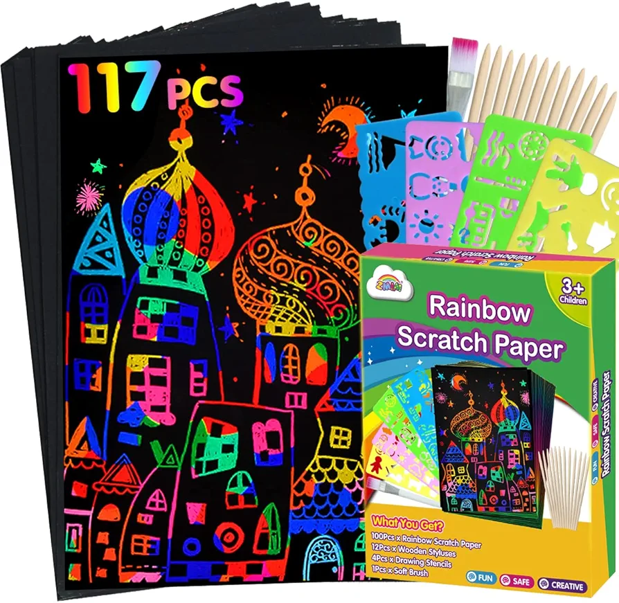 ZMLM Rainbow Scratch Paper Kit: 117Pcs Magic Art Craft Stuff Supplies Black Drawing Pad for Age 3-12 Kids Children Girl Boy DIY Toy Activity Educational|Party Faver|Christmas Birthday Gifts