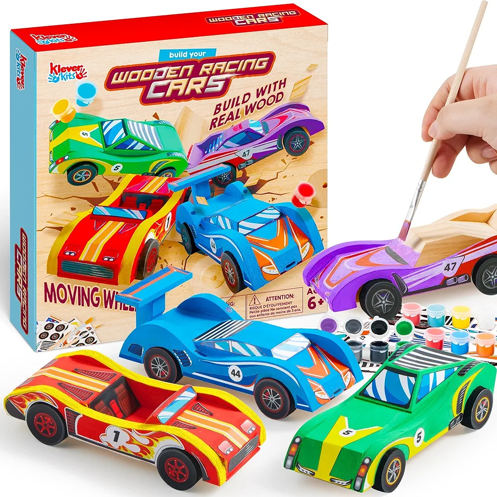 Klever Kits 4 DIY Wooden Race Cars-Build & Paint Your Own Wood Craft Kit, 4 Race Cars Toy, Easy to Assemble Arts Crafts Kit, Birthday Party Presents for Kids Boys Ages 6 and Up