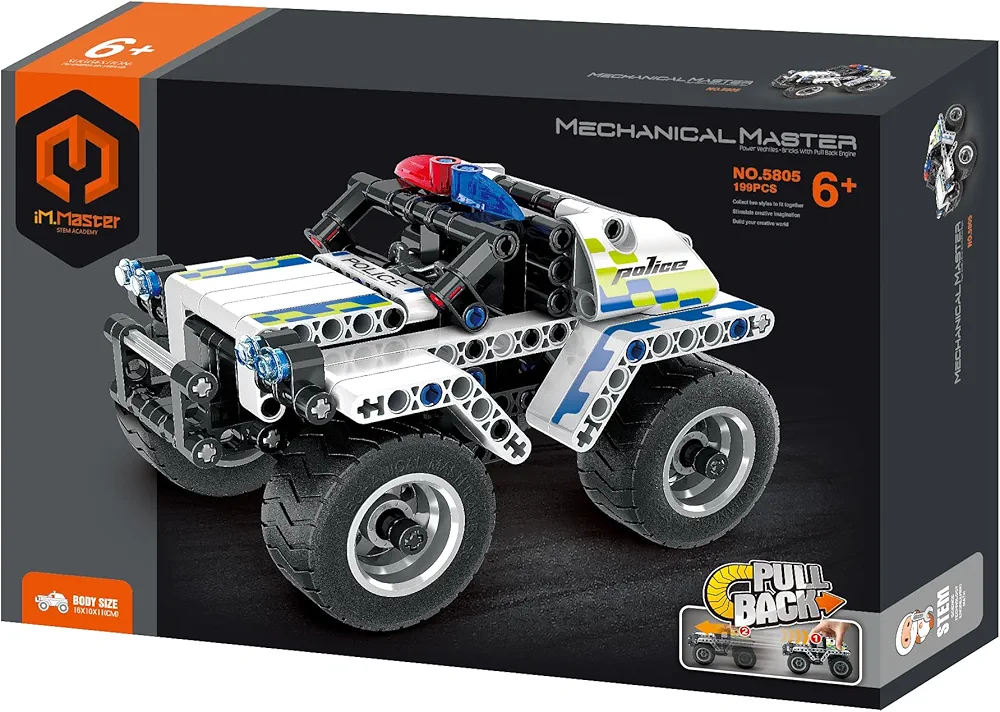 STEM Car Toy Building Toy Gift for Age 6+, Pull-Back Police Car Building Block Take Apart Toy, 199 Pcs DIY Building Kit, Learning Engineering Construction Toys