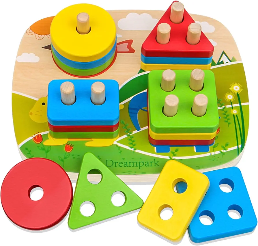 Dreampark Montessori Educational Toddler Toys: Montessori Toys for 1 2 3 Years Old Boys Girls Birthday Gifts, Toddlers Toys Ages 1-2 Wooden Stack and Sort Geometric Board Blocks Toys for Kids Baby