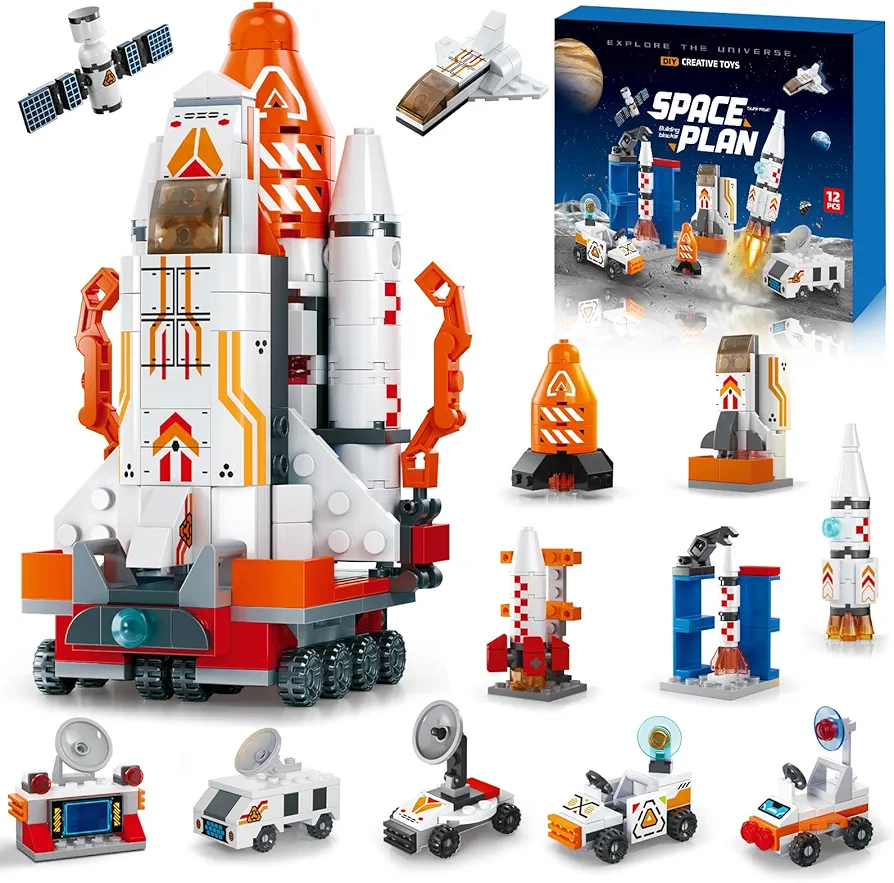 12 in 1 Space Building Blocks Mini Shuttle Exploration Building Brick Sets Aerospace Rocket Toy Stacking Blocks for Party Favor Kids Adults Classroom Prizes Supplies