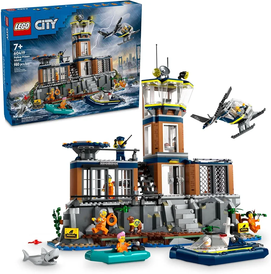 LEGO City Police Prison Island Toy Building Set, Birthday Gift for Boys and Girls Ages 7 Plus, Imaginative Play, Helicopter Toy, Boat Toy and Dinghy, 7 Minifigures with Dog and Shark Toy, 60419