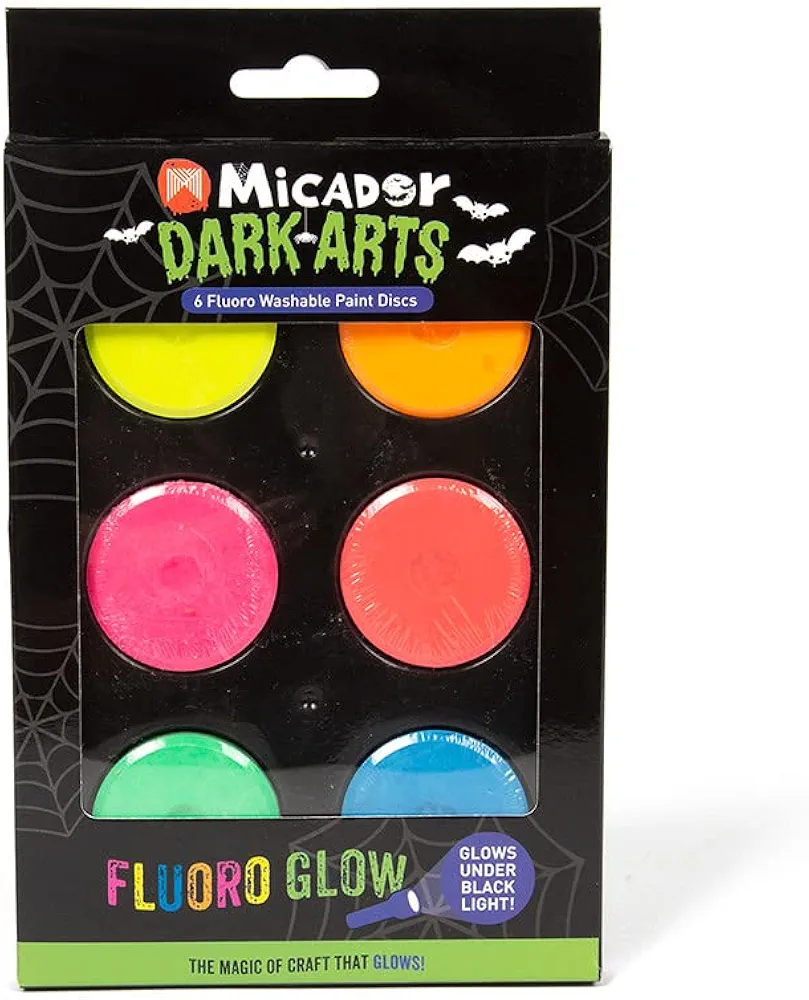 Micador Dark Arts Neon Glow Washable Paint Discs, 6-Color Set - Kids tempera painting with highly vibrant neon colors - Glows under blacklight - Ages 3+