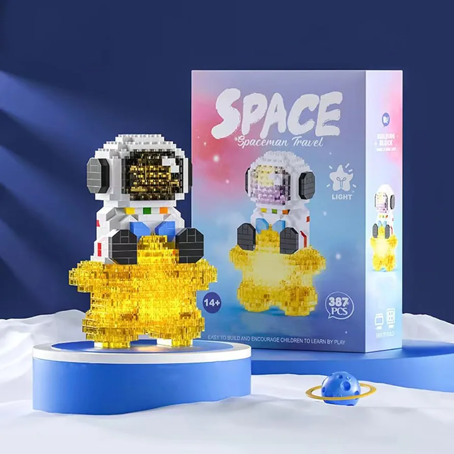 Building Blocks Astronaut Model with Light Building Toy,Micro Blocks for Kids or Adult Gifts, Spaceman on The Star Mini Blocks Set DIY Bricks Toys