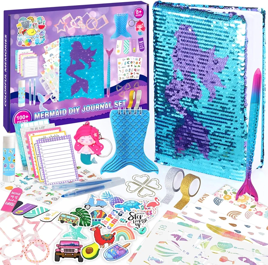 Euclidean Cube Mermaid DIY Journal Kit for Girls, 100+PCS Sequin Scrapbook & Diary Supplies Set, Gifts Ideas for Girls Ages 8 9 10 11 12 13 Year Old (Purple)