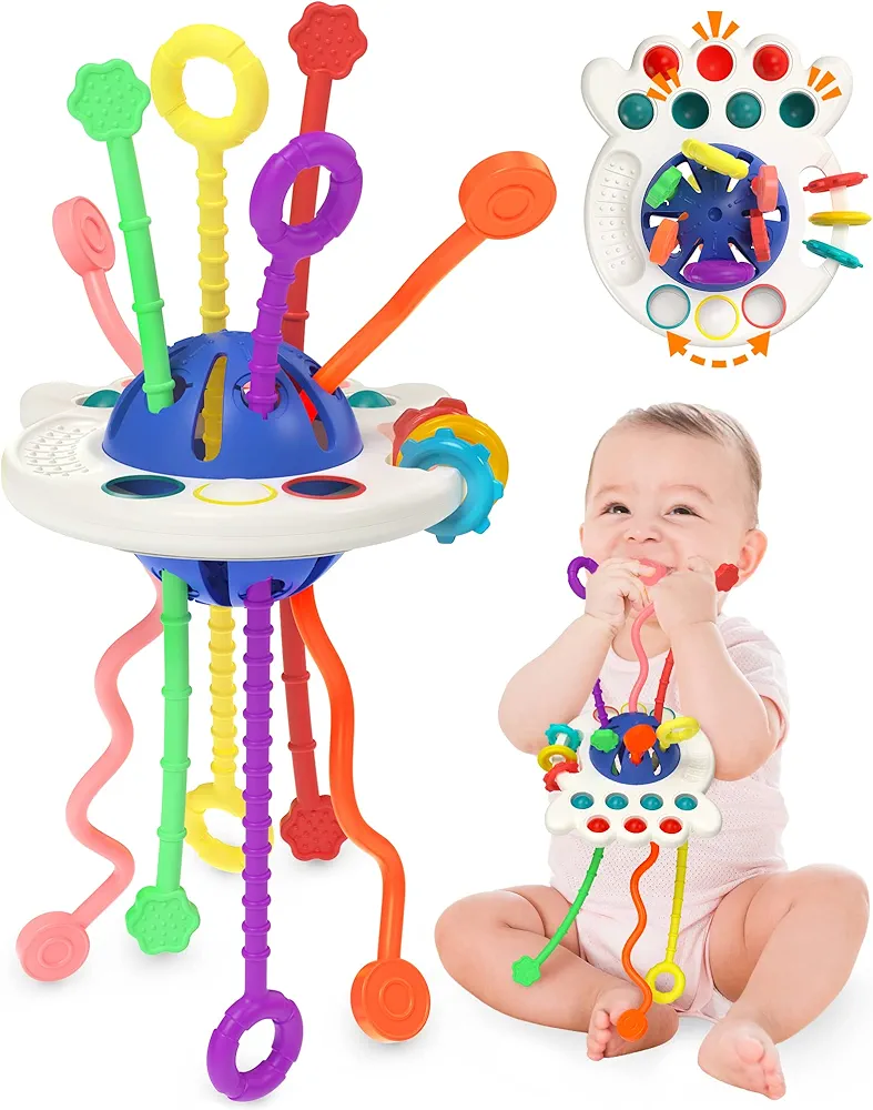 Baby Sensory Montessori Toy, Pull String Teething Toy, Birthday Gift Travel Toy for Boy Girl Infant Toddlers