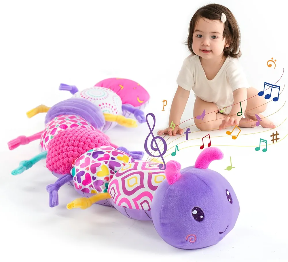 Jollybaby Plush Stuffed Animal Musical Sensory Toys for Ages 0-2, Tummy Time Baby Toys 0-6-12 Months Infant, Caterpillar Toy with Music Box, Texture, Crinkle Paper and Rattle for Newborn Girls Gifts