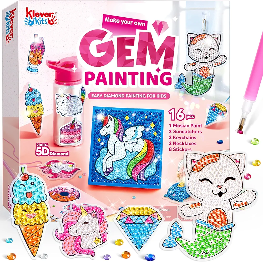 Klever Kits 16 Projects Gem Art, Kids Diamond Painting Kit with 5D Gem, Arts and Crafts for Girls Ages 6-12, Gem Craft Activities Kits, Premium Diamond Art Gift Ideas for Girls Crafts Ages 6, 7, 8+