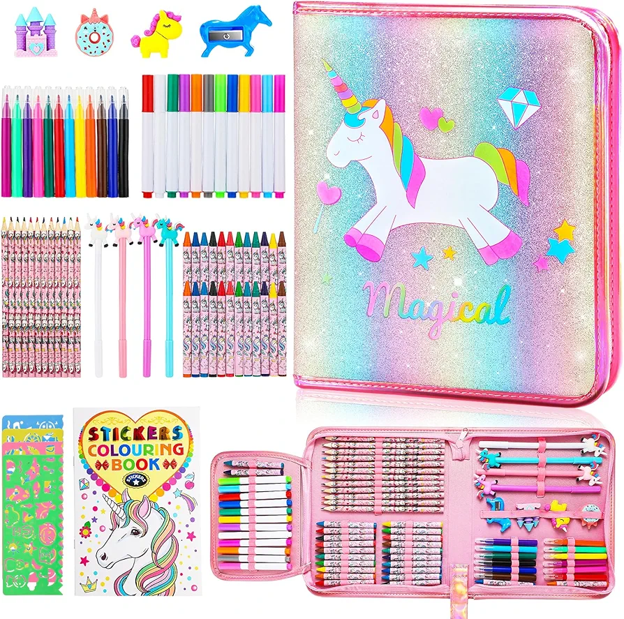 Fruit Scented Markers Set of 73 Pcs with Glitter Unicorn Pencil Case, Art Supplies for Kids 4-6-8, Perfect Unicorns Gifts for Girls or Arts and Craft Coloring Set, with Coloring Book and Stickers