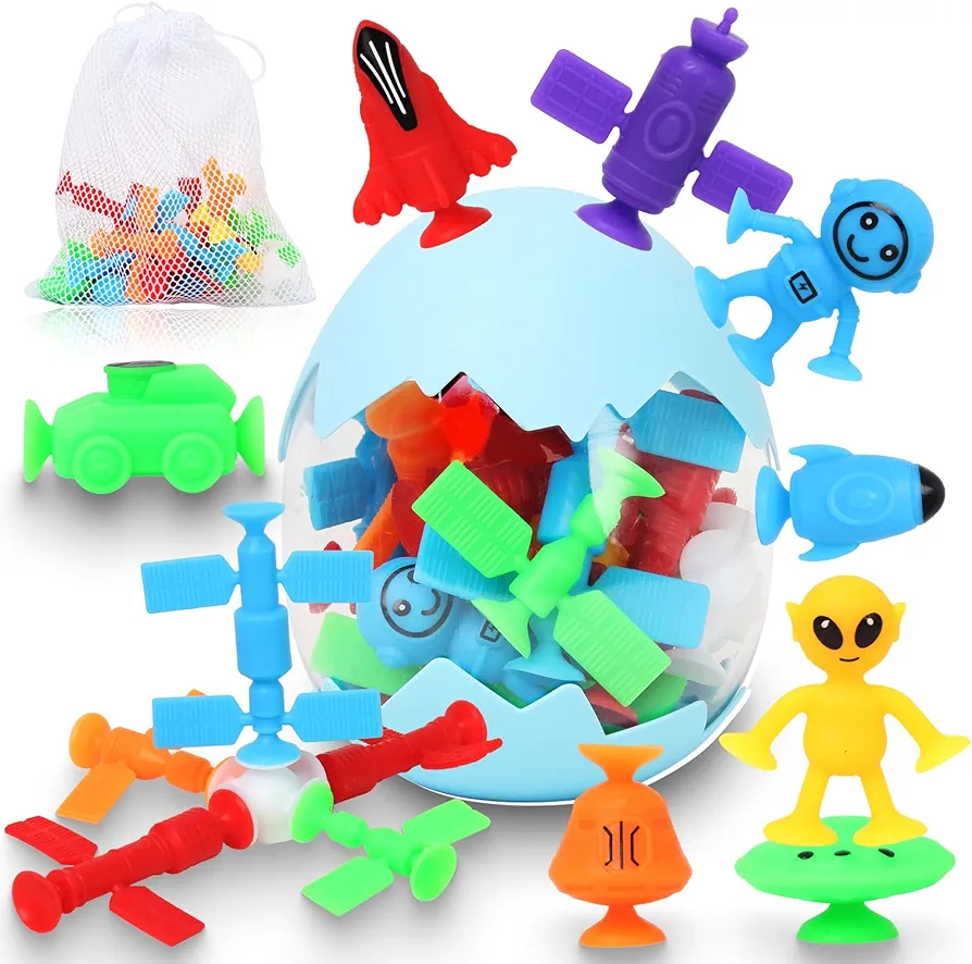 Suction Bath Toys for Kids, 20 Pcs No Hole Mold Free Outer Space Bath Toy with Eggshell & Bag, Silicone Suction Cup Toys, Sensory Window Building Toys for Toddlers Boys Girls 3 4 5 6 Year Old