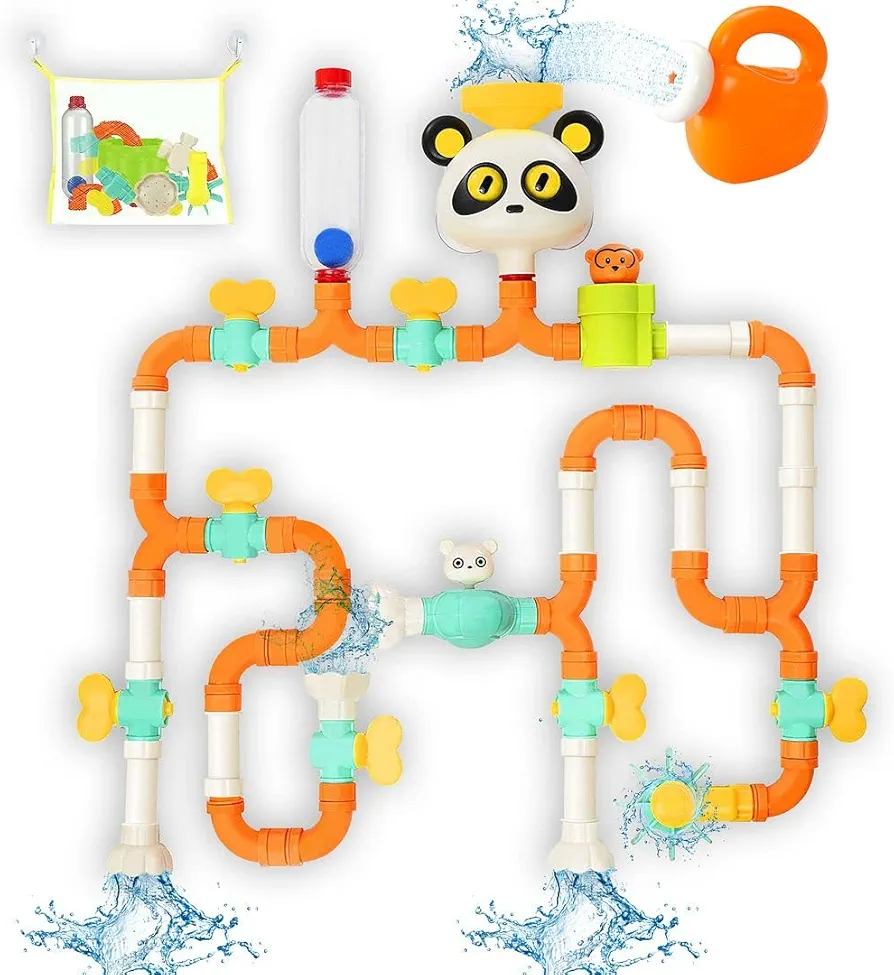 DIY Bath Toys for Toddlers Ages 1-3 and Kids 4-8, STEM Water Toys with Extra Features, 50-Piece Colorful Pipe Bathtub Set with Swiveling Valves, Top Right Toys