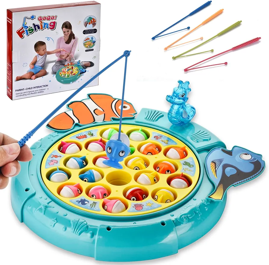 Magnetic Fishing Games Set - Fun and Educational Fishing Toys for Toddlers and Kids, Includes 21 Fish, 4 Poles, Rotating Board, and On-Off Music, Perfect Fish Toy for Go Fish Fun