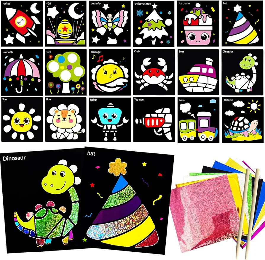 Dduolammng 24 PCS Foil Fun Art Craft Kit,No Mess Classroom Travel Activity kit,Educational Art Craft Supplies for Kids,Party Favors Birthday Christmas Gift