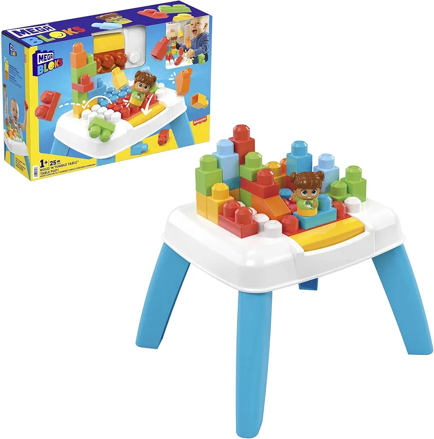 MEGA BLOKS Fisher-Price Toddler Building Blocks, Build n Tumble Activity Table with 25 Pieces and Storage, 1 Figure, Toy Gift Ideas for Kids