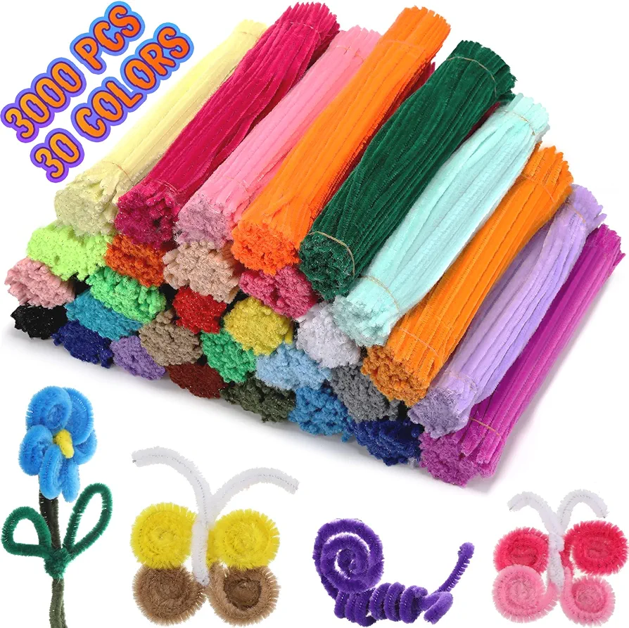 3000 Pcs Pipe Cleaners Craft Supplies Solid Color 6 mm x 12 Inch Chenille Stems for Kids Adults DIY Arts Crafts Decorations, 30 Assorted Colors