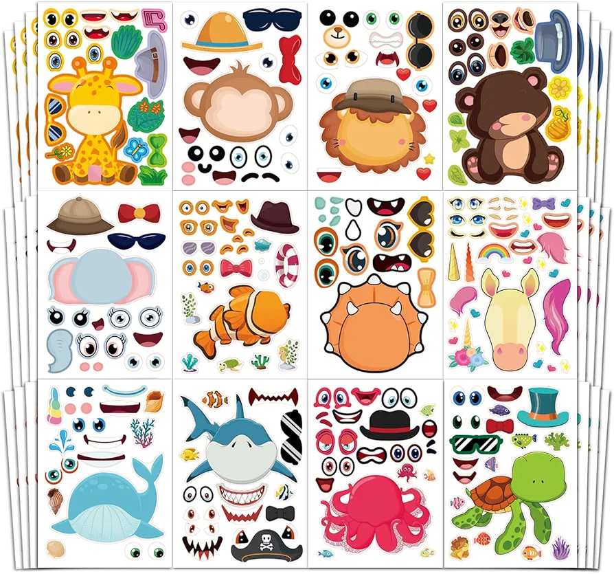 Aowplc 48 Sheets Make-a-Face Animal Stickers Mix and Match for Kids Party Favors Supplies Activities Crafts