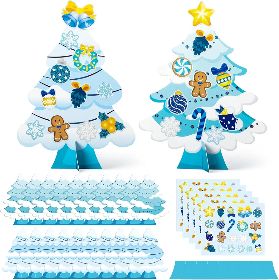 WATINC 30Pcs Blue Christmas Tree Craft Kit for Kids, Make Your Own Christmas Tree Craft Art for Party Favors Decoration, DIY Xmas Supplies Home School Classroom Fun Activity Art Project