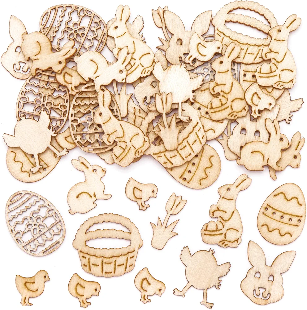 Baker Ross AT476 Easter Mini Wooden Shapes - Pack of 50, Creative Art And Craft Supplies For Kids To Make And Decorate