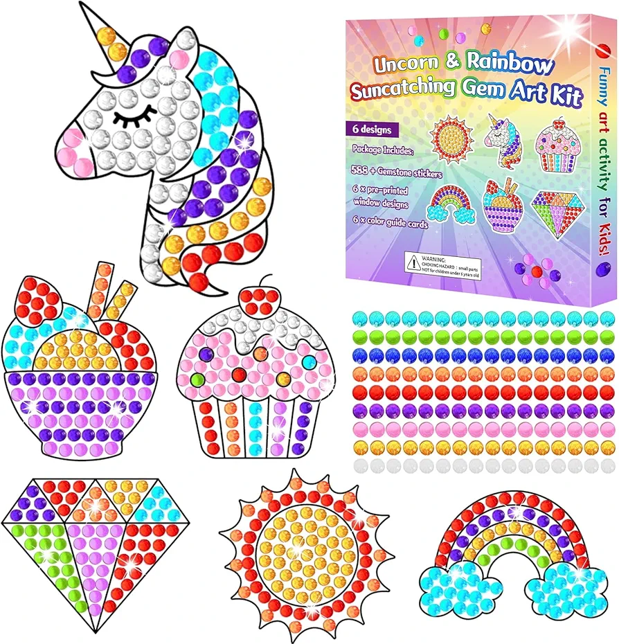 6 Pcs Unicorn & Rainbow Arts Crafts DIY Unicorn Gem Diamond Suncatcher Crafts for Kids Rainbow Diamond Painting Gifts Exchange for Kids Girls Boys Aged 4-8-12 for Birthday Party Window Decor