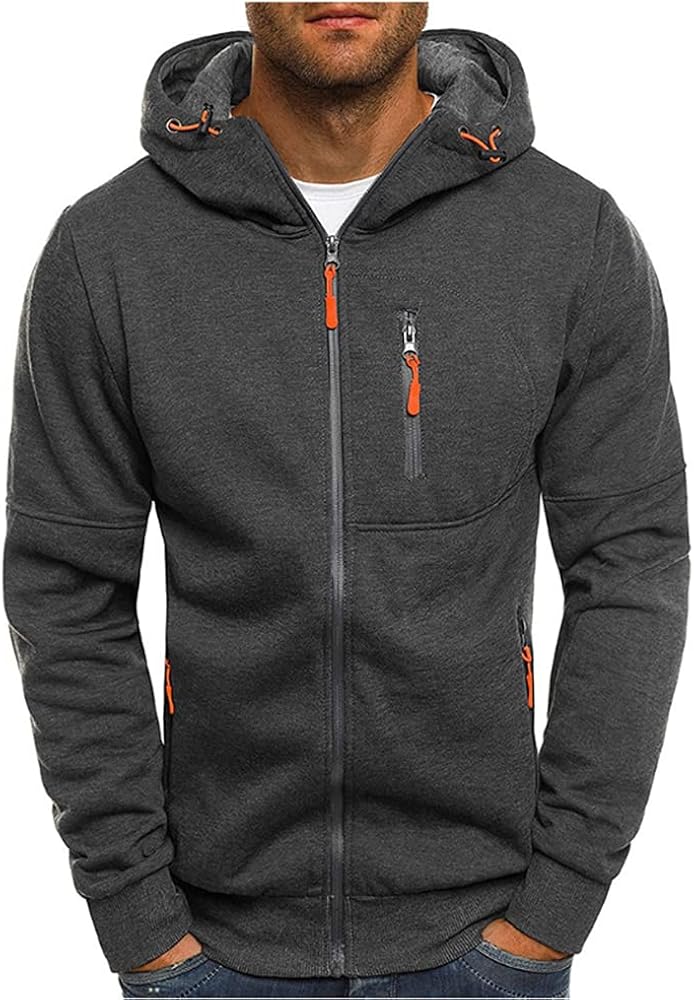 Men's Sports Casual Full Zipper Long-Sleeved Hooded Sweater with Pockets Jogging Track and Filed Gym Training Hoodie Dark Grey