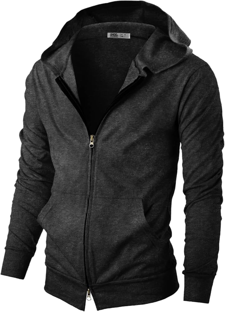 Ohoo Mens 100% Cotton Hoodie Two Way Zipper Slim Fit Wide Hood Thin Lightweight Full Zip Hooded Sweatshirt