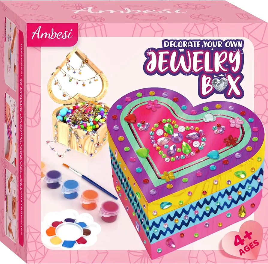 Ambesi Paint Your Own Wooden Jewelry Box, Arts and Crafts for Kids Ages 8-12, 4-6, 7-8 Year Old Girls, Decorate Heart Treasure Box Craft Kit, DIY Toddler Art Set, Gifts for Birthday Valentine Day