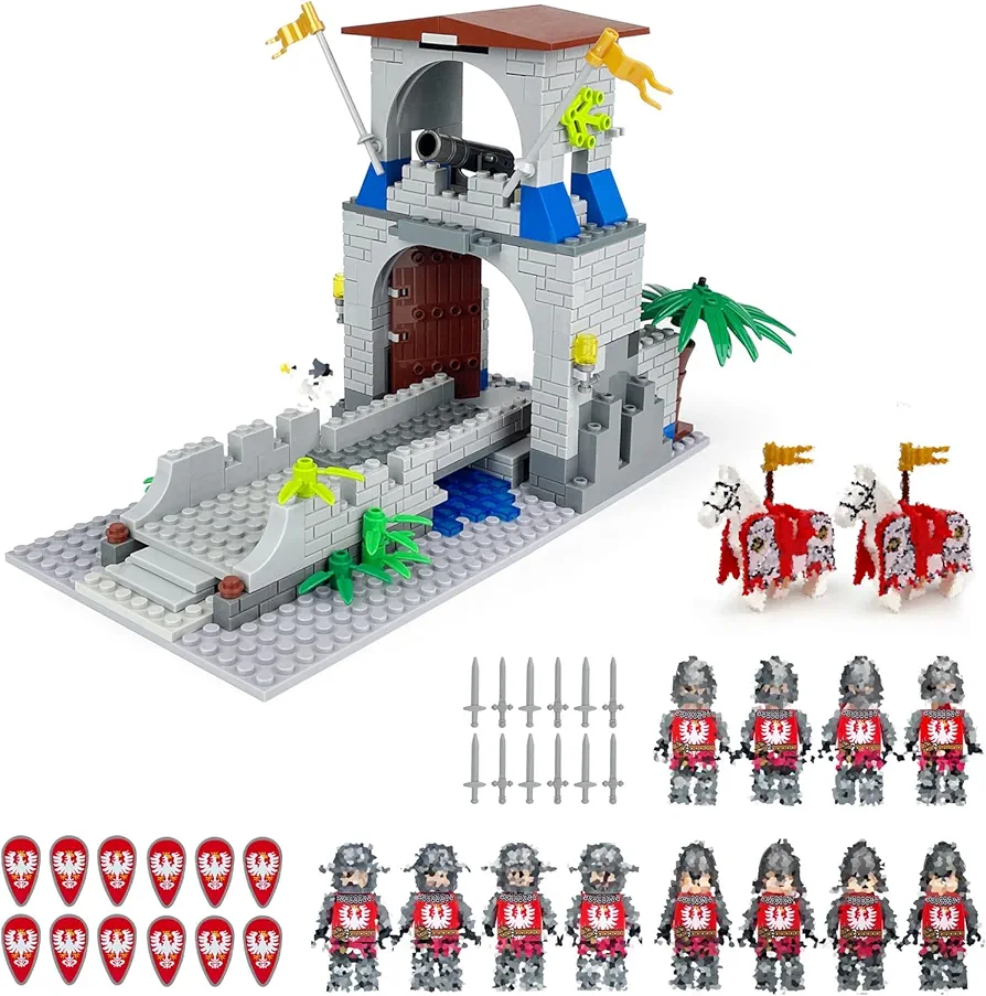 Medieval Kingdom Castle Building Block Set, Compatible with Lego Medieval Town Square, Includes King & Knights Figures, Dark Wing Horse Figure, for Adult Children (Red Legion)