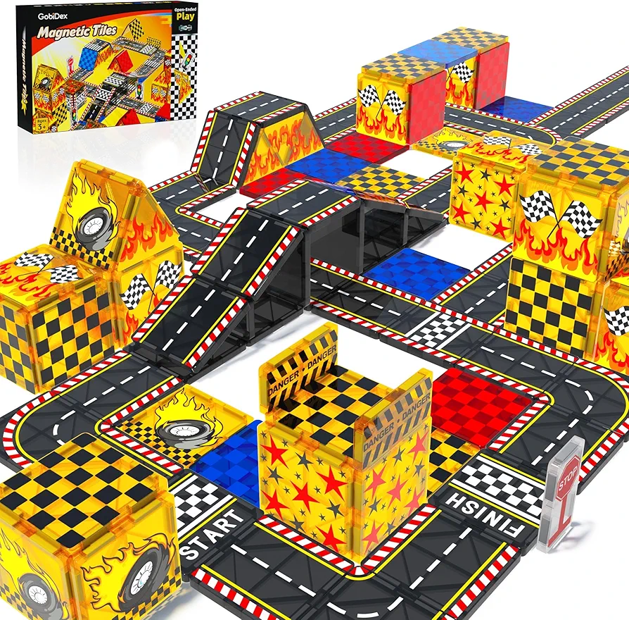 GobiDex Magnetic Tiles for Kids Ages 3+, Road Tiles STEM Race Track Toys for Boys, 3D Magnet Building Blocks Creative Birthday Gift for Toddler