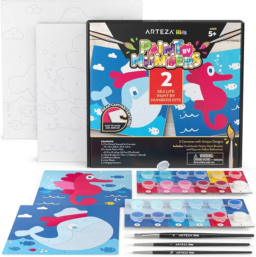 ARTEZA Kids Paint by Numbers Kit, 10 x 10 Inches, Pre-Printed Sea Life Canvas Painting Kit with 2 Canvases, 24 Acrylic Paint Pots, 3 Paintbrushes, Art Supplies for Developing Hand-Eye Coordination