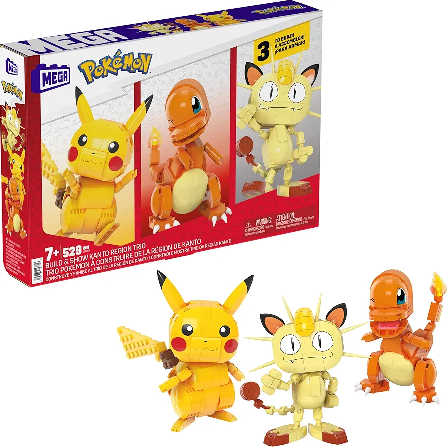 MEGA Pokémon Building Toys Set Kanto Region Trio with 529 Pieces and 3 Poseable Characters, 4 Inches Tall, for Kids (Amazon Exclusive)