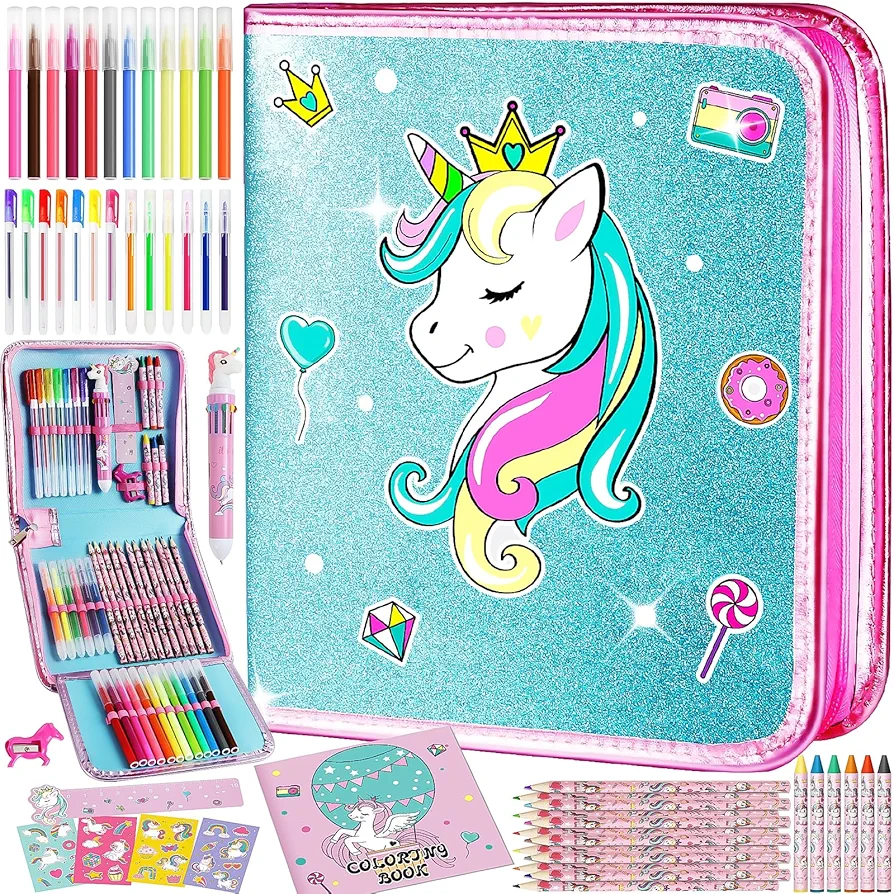 Unicorn Washable Markers Set with Glitter Pencil Case, Art Supplies for Kids Ages 4 5 6 7 8 9 10 Years Old, Arts Crafts Coloring Set with Crayon Pencil Gel Pen Stickers, Birthday Gifts for Girls 4-6-8