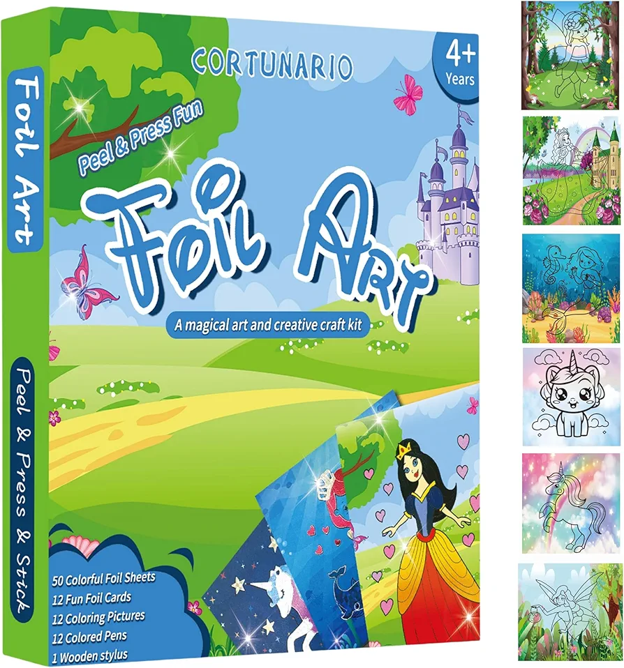 CORTUNARIO Art & Craft Kit - Foil Art Activity for Kids, Craft Kits Supplies, Kids Party Favors, DIY Creative Coloring Activity, Travel Toys, Gifts for Girls & Boys Ages 4, 5, 6, 7, 8, 9