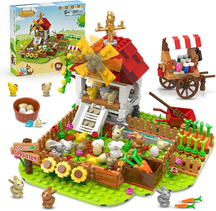 HOGOKIDS Farm Building Toy Set - Chicken Coop Building Block with Rabbits Eggs Painting Cart, 397 PCS Animal Farm House Brick Kit, Gift for Kids Boys Girls Ages 6 7 8 9 10 11 12+ Years Old