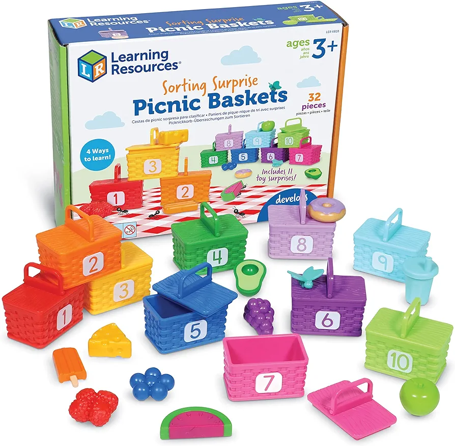 Learning Resources Sorting Surprise Picnic Baskets, Toddler Sorting & Matching Skills Toy, Fine Motor Skills, Preschool Educational Toys, 32 Pieces, Ages 3+