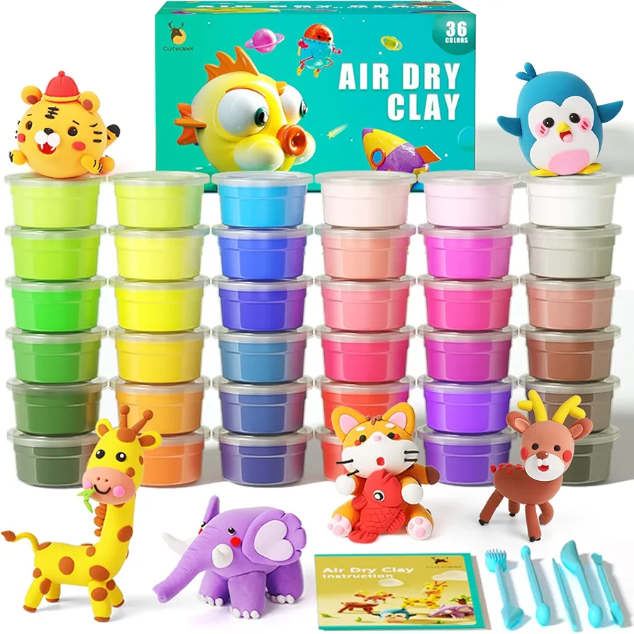 Cutedeer Air Dry Clay Kit, 36 Colors Modeling Clay for Kids, Ultra Light Magic Clay with Sculpting Tools and Tutorials, DIY Molding Clay, Arts Crafts Gift for Boys Girls