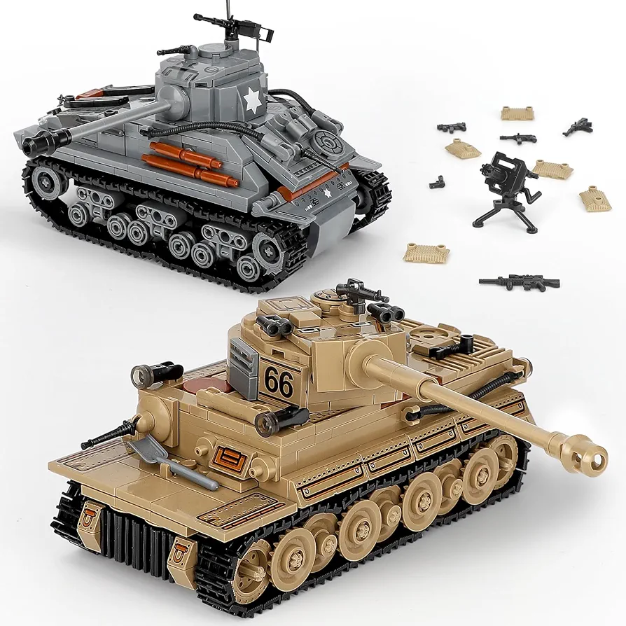 2-in-1 Army Tank Toy Building Set, Includes German Tiger and American Sherman Models, Compatible with Lego Army Sets, Military Building Blocks Set for Kids 8-14 (1184 Pieces)