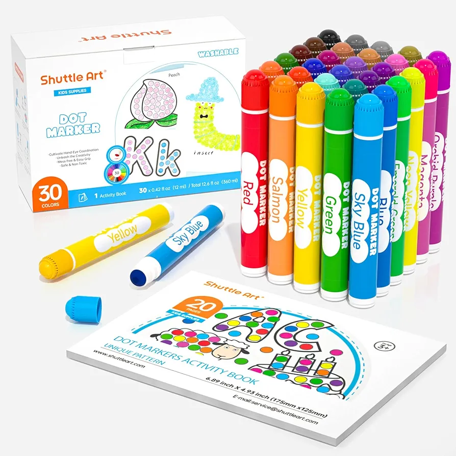 Shuttle Art Dot Markers, 30 Colors Washable for Toddlers with Free Activity Book, Bingo Daubers Supplies for Kids Preschool Children, Non Toxic Water-Based Dot Art Markers