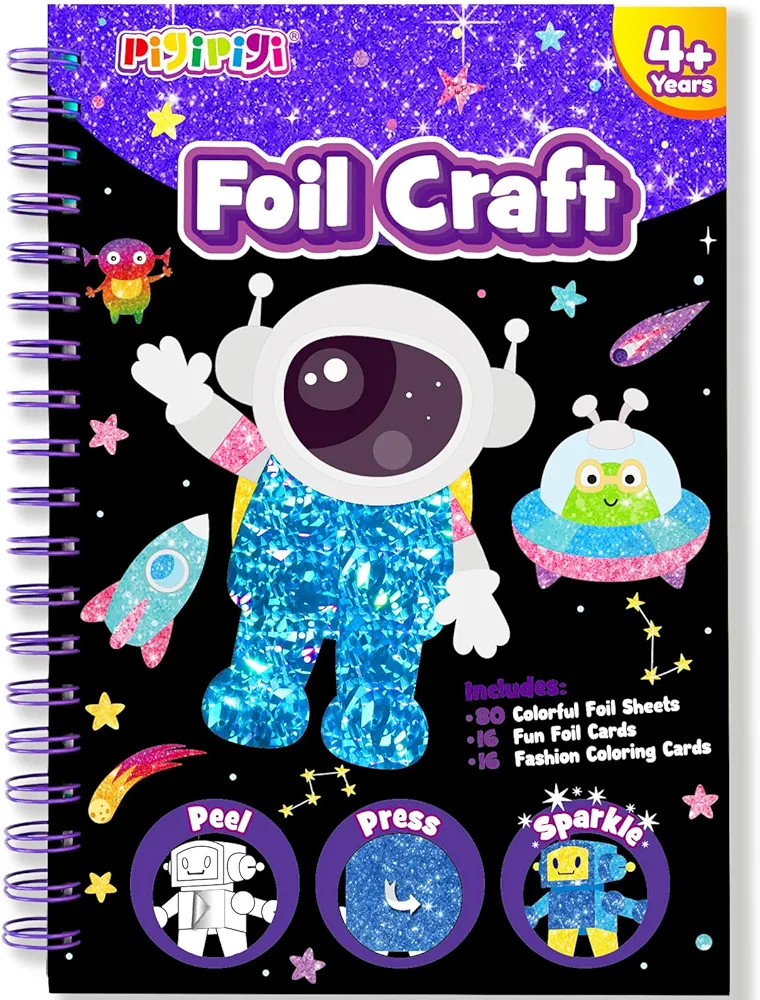 pigipigi Art Craft Activity for Kids: Fun Foil Space & Planet DIY Toy Kit, No Mess Creative Travel Supply Set, Idea Birthday Christmas Valentine Gift for Girl Boy Children 3 4 5 6 7 8 9 Year Old