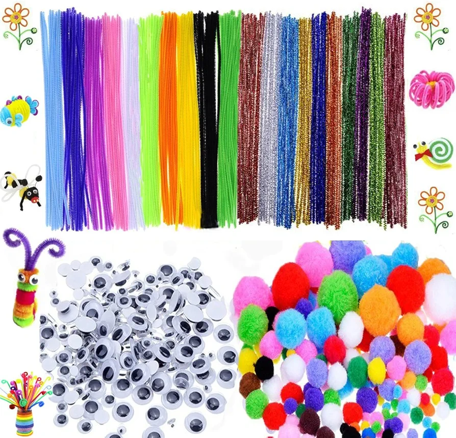 600 Pcs Craft Supplies Set - Pipe Cleaners Set Which Includes 200Pcs Chenille Stems, 150Pcs Self-Sticking Wiggle Googly Eyes and 250Pcs Pompoms for DIY School Art Projects by BellaBetty