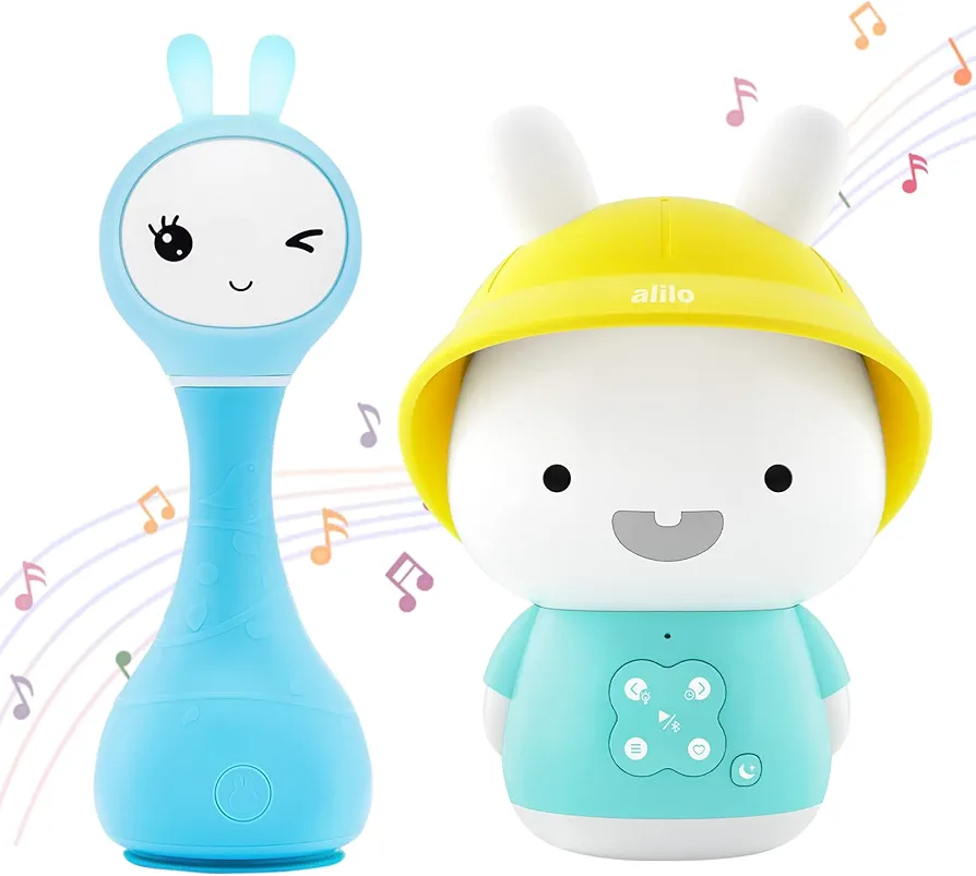 【2 Pack】Alilo Bunny Smarty R1 + Baby Bunny G9S+, Musical Light-Up Rattle for Sensory Development 0-24 Months + Audio Player for Imagination Building, Screen-Free Digital Listening Experience 0+ Months