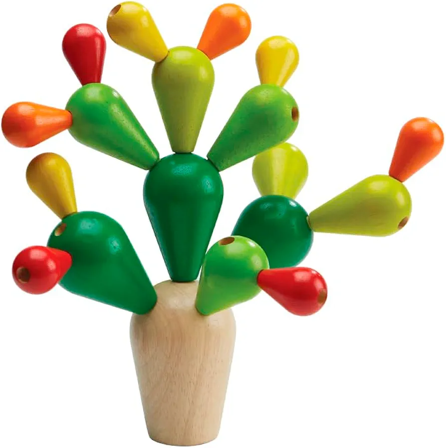 PlanToys Balancing Cactus Toy - Colorful Sustainably-Made Wood Balance Game for 1-4 Players with Base and 18 Cactus Branches to Build Without Toppling