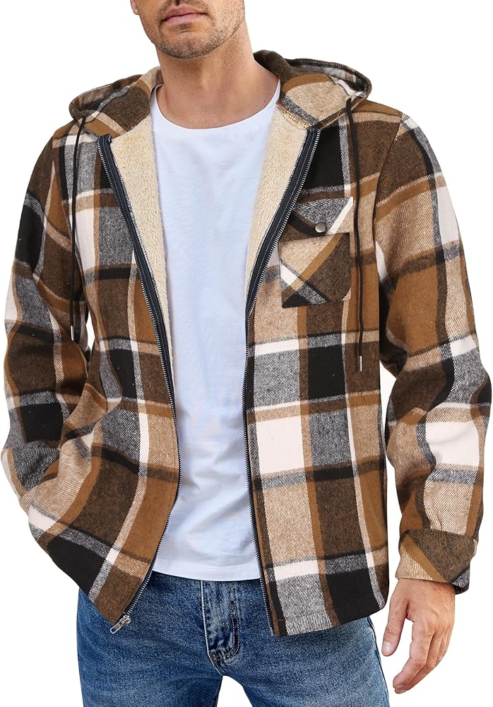 COOFANDY Men's Fleece Flannel Jacket Plaid Zip Up Hoodie Sherpa Lined Shirt Jacket Winter Warm Coats with Hood