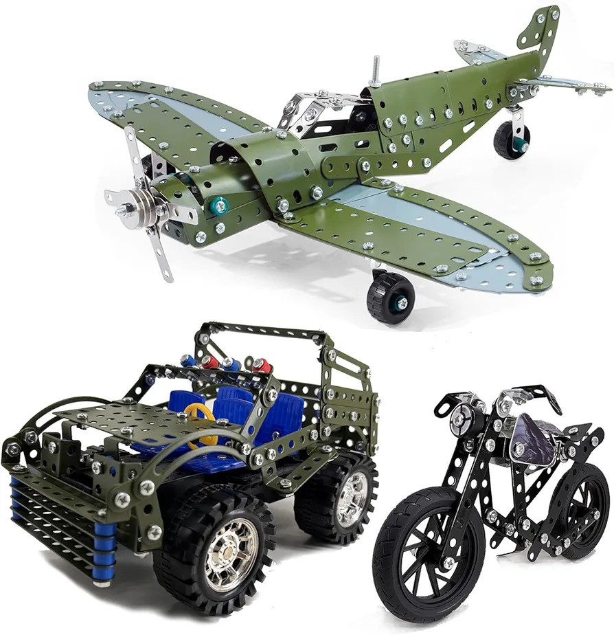 283pcs Jeep, 285pcs Airplane & 117pcs Motorcycle, Metal Model Kits, Erector Set, Building Toys, STEM Kits