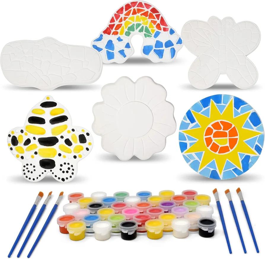 Gift Boutique Paint Your Own Ceramic Stepping Stones Craft Kit Set of 6 Unpainted Ceramics for Kids Garden Decor Summer Spring Arts & Crafts Painting Project Supplies Paint & Brushes Included