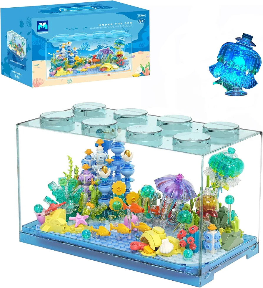 Fish Tank Aquarium Building Block Set with Light, Under the Sea Building Kit for Kids over 8, Including Coral Reefs, Jellyfish, Lobster, Octopus, and Translucent Block-shaped Aquarium shell, 589pcs