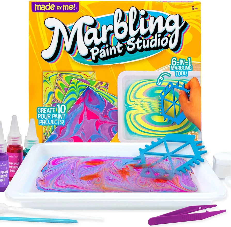 Made By Me Marbling Paint Studio, 25-Piece Marbling Kit for Kids, Make 10 Pour Paint Art Projects, Dip & Paint Marbling Arts & Crafts Kits for Kids, Less Mess Pour Paint for Ages 6, 7, 8 & 9, Fun Gift