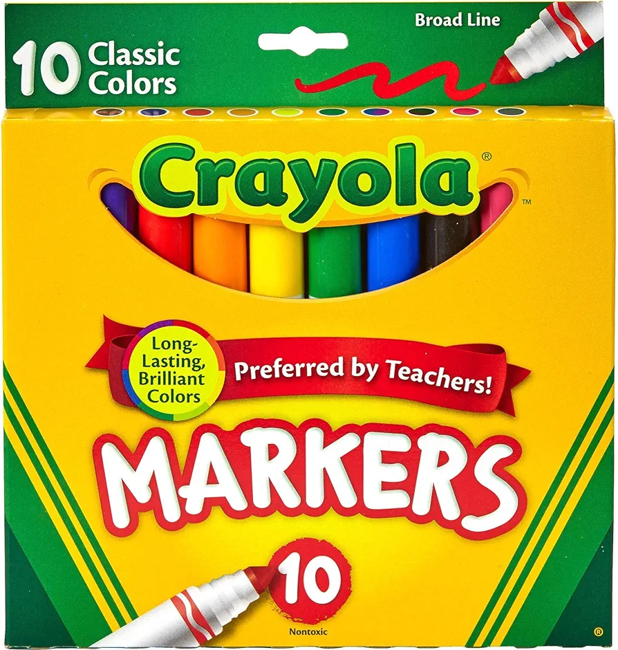 Crayola Non-Washable Markers, Broad Point, Classic Colors, 10/Set