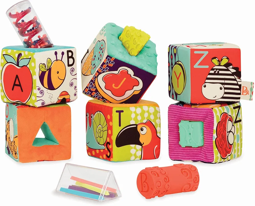 B. Toys Soft Fabric Building Blocks for Toddlers - Educational Alphabet Blocks with Textured Shapes - Stack & Play ABC Blocks for 6 Months+